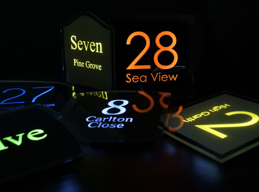 Sirius LED illuminated house number sign by Plastic Republic. A stunningly stylish, beautifully made sign that you will be proud to own. 2 sizes, 6 design shapes to choose from and many colours and fonts to create a perfect, powerful illuminated sign.  